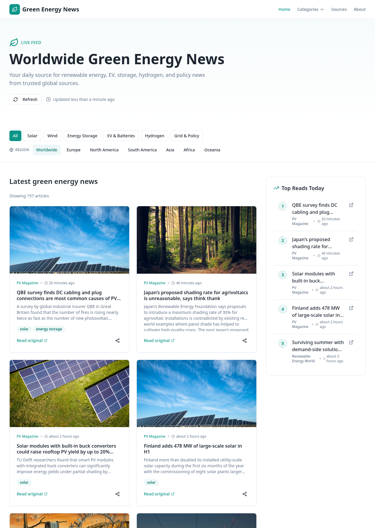 Green energy news feed with categories, regions and top headlines